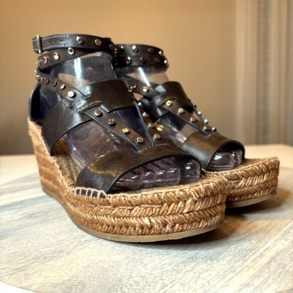 Authentic Jimmy Choo Raffia Calfskin Stud Danica Wedge Sandals US Size 8 EU 38 - Picture 5 of 12